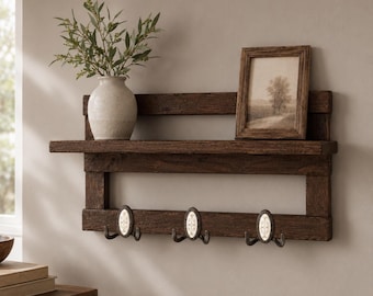 Entryway Shelf with Hooks, Wooden Key Holder for Wall, Rustic Coat Rack with Shelf Organizer