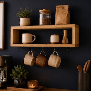 May include: A rectangular wooden wall shelf featuring a top surface holding a potted plant, a glass jar with a wooden lid, and a brown paper bag. The shelf includes five black metal hooks underneath, with three ceramic mugs hanging from them.