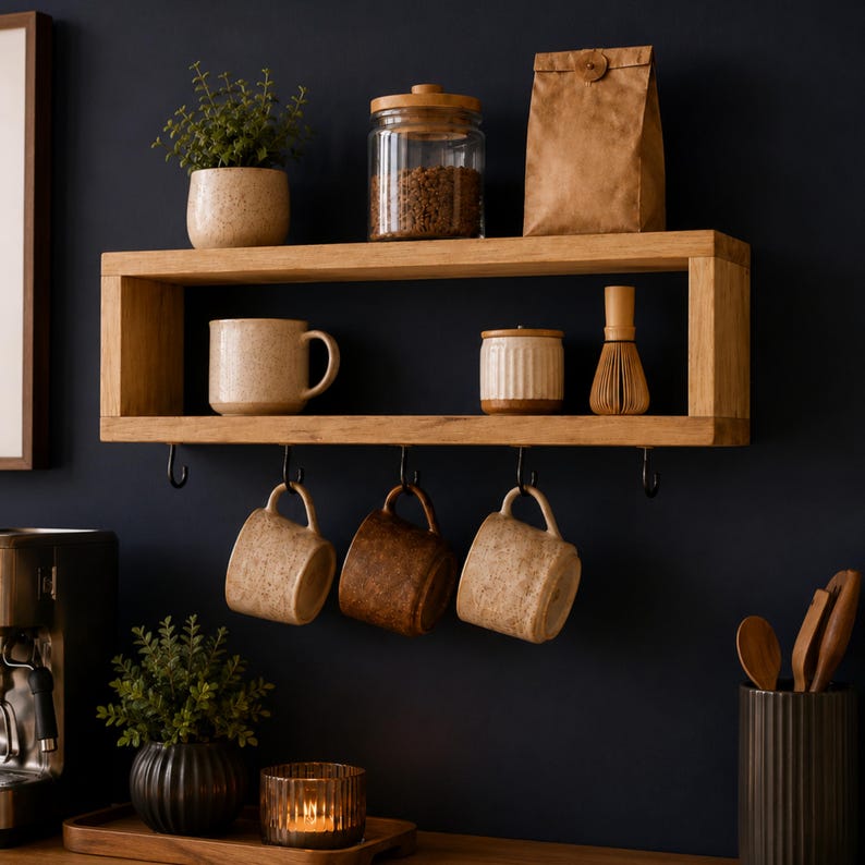 May include: A rectangular wooden wall shelf featuring a top surface holding a potted plant, a glass jar with a wooden lid, and a brown paper bag. The shelf includes five black metal hooks underneath, with three ceramic mugs hanging from them.