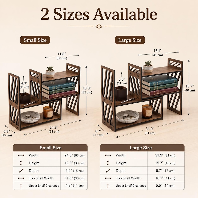 May include: Two dark brown wooden adjustable desktop shelves with diagonal slat side panels. The small size measures 63 cm wide, 33 cm high, and 15 cm deep. The large size measures 81 cm wide, 40 cm high, and 17 cm deep.