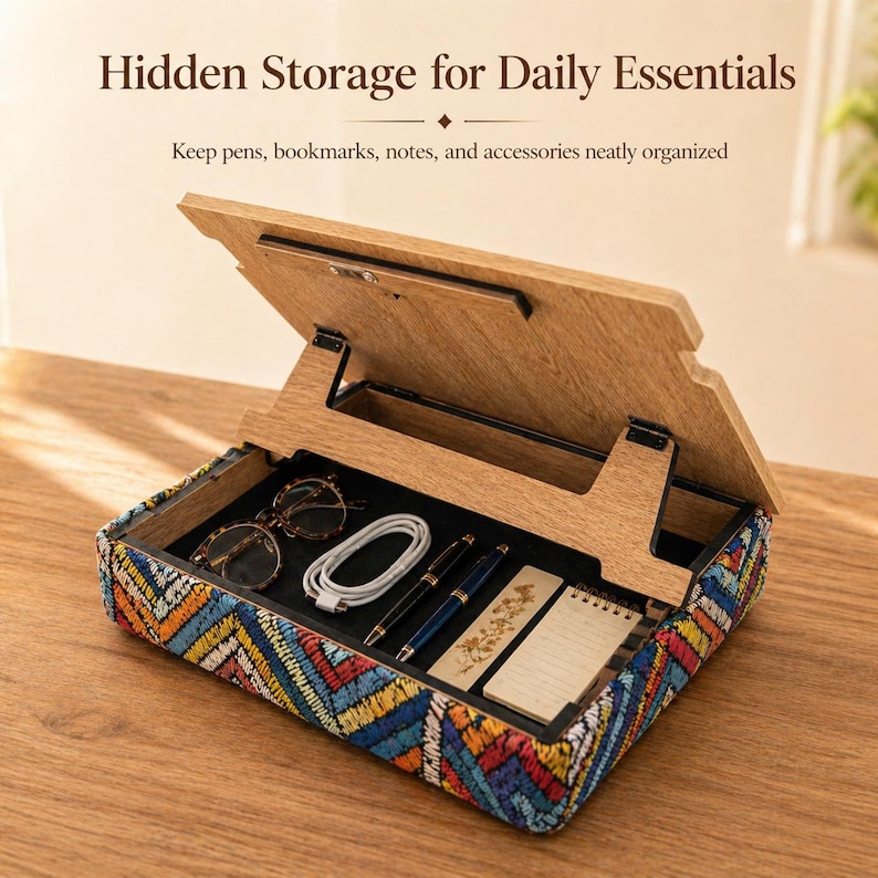 Puede incluir: Organizador de escritorio de madera con tapa abatible, con exterior de tela estampada de colores. La caja abierta revela bol&iacute;grafos, gafas, un cable de carga y un peque&ntilde;o bloc de notas. El texto de la imagen dice: "Hidden Storage for Daily Essentials."
