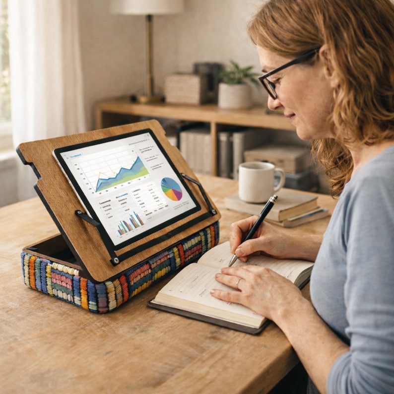 Puede incluir: Un soporte de tableta de madera con una base estampada colorida sostiene una tableta que muestra gr&aacute;ficos. El soporte est&aacute; sobre una mesa de madera, y una persona est&aacute; escribiendo en un cuaderno. Una taza blanca y libros est&aacute;n en el fondo.