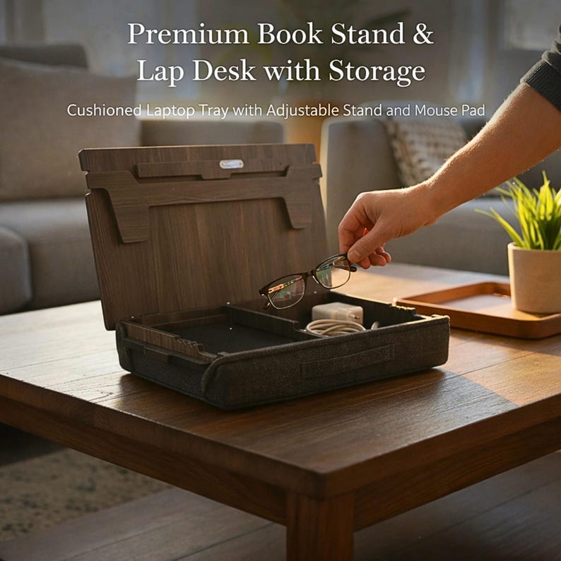 Op de afbeelding: Een houten boekenstandaard en laptoptafel met opbergruimte. De tafel heeft een gewatteerde laptoplade, een verstelbare standaard en een muismat. De tekst op de afbeelding luidt: Premium Book Stand & Lap Desk with Storage.