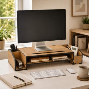Può includere: Un supporto per monitor in legno con finitura scura e bordi neri. Il supporto presenta un ripiano centrale per quaderni e scomparti laterali per articoli da ufficio come una cucitrice, un telecomando e una calcolatrice.