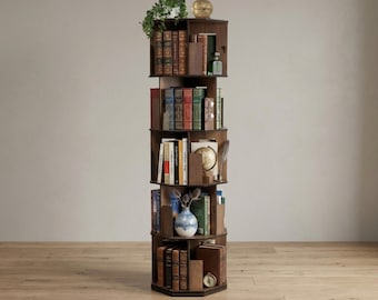 360 Rotating Wooden Bookshelf, Tiered Floor Standing Bookcase, Space-Saving Corner Storage Tower