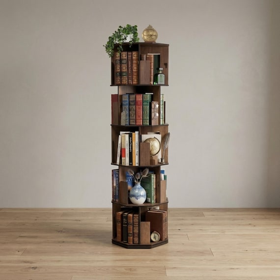 360 Rotating Wooden Bookshelf, Tiered Floor Standing Bookcase, Space-Saving Corner Storage Tower
