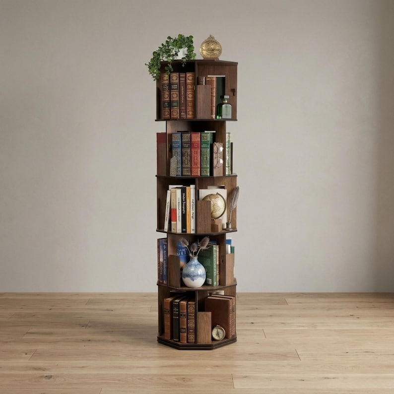 May include: A dark brown, multi-tiered, rotating bookshelf filled with books of various sizes and colors. The bookshelf has a hexagonal shape and is adorned with decorative items, including a globe, a vase, and a small clock. A small plant sits on top.