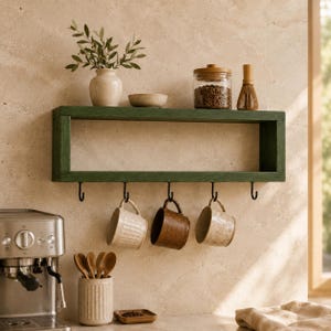 Wooden Mug Shelf with Hooks, Wall Mounted Coffee Cup Rack, Coffee Bar Organizer Forest Green