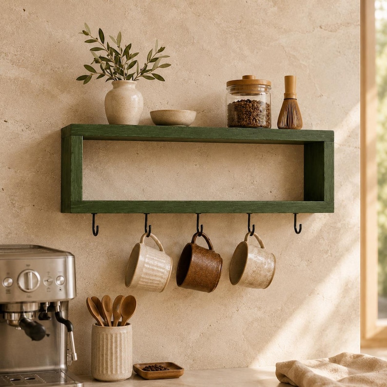 Wooden Mug Shelf with Hooks, Wall Mounted Coffee Cup Rack, Coffee Bar Organizer Forest Green