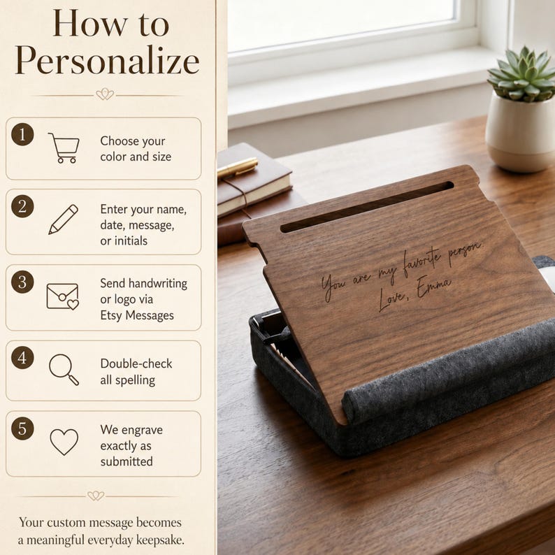 May include: A dark wood tablet or book stand with a gray felt base. The wooden surface features the engraved text: You are my favorite person. Love, Emma. To the left, a beige instructional panel outlines five steps for personalization.