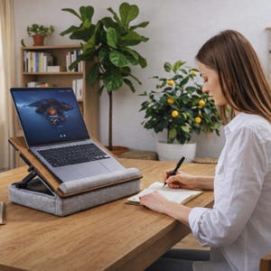 May include: A laptop stand featuring a wooden platform with an adjustable metal support mechanism and a light gray fabric-covered base. The stand holds a silver laptop with a dark screen display, positioned on a wooden table surface for ergonomic use.