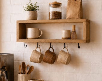 Wooden Mug Shelf with Hooks, Wall Mounted Coffee Cup Rack, Coffee Bar Organizer