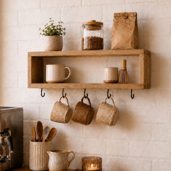 Wooden Mug Shelf with Hooks, Wall Mounted Coffee Cup Rack, Coffee Bar Organizer