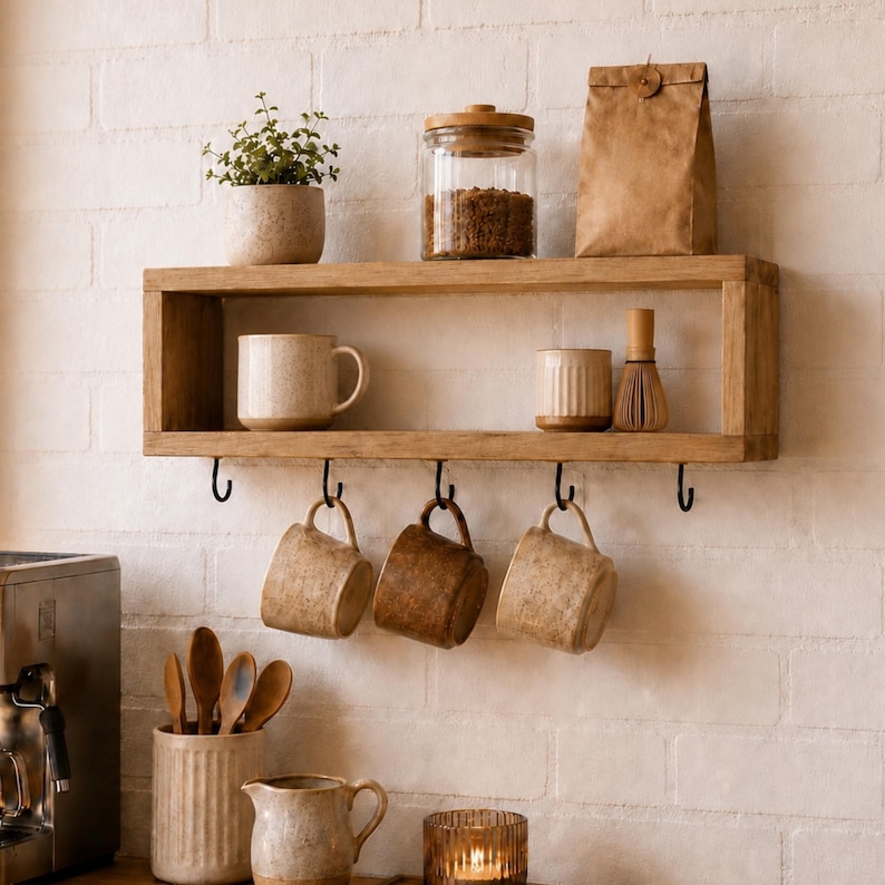May include: A rectangular wooden wall shelf featuring five black metal hooks underneath. The shelf holds a small potted plant, a glass jar with a wooden lid, and a brown paper bag. Three ceramic mugs hang from the hooks below the shelf.