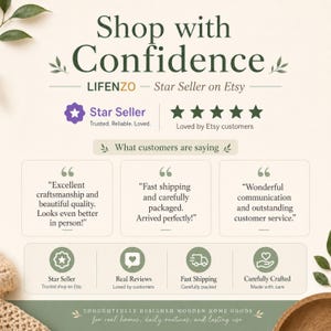 Op de afbeelding: Een advertentie voor een Etsy-winkel met de tekst "Shop with Confidence" en "LIFENZO - Star Seller on Etsy." De afbeelding toont getuigenissen van klanten, sterrenbeoordelingen en pictogrammen die kwaliteit, snelle verzending en echte beoordelingen aangeven. Het thema is houten woonartikelen.