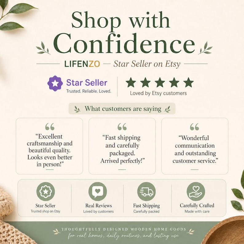 Op de afbeelding: Een advertentie voor een Etsy-winkel met de tekst "Shop with Confidence" en "LIFENZO - Star Seller on Etsy." De afbeelding toont getuigenissen van klanten, sterrenbeoordelingen en pictogrammen die kwaliteit, snelle verzending en echte beoordelingen aangeven. Het thema is houten woonartikelen.
