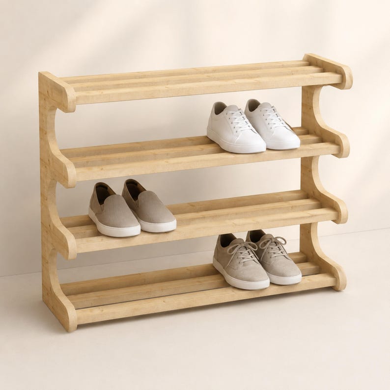 May include: A light-colored wooden shoe rack with four horizontal tiers. The top shelf holds a pair of white sneakers, the second shelf is empty, the third shelf holds a pair of beige slip-on shoes, and the bottom shelf holds a pair of beige sneakers.