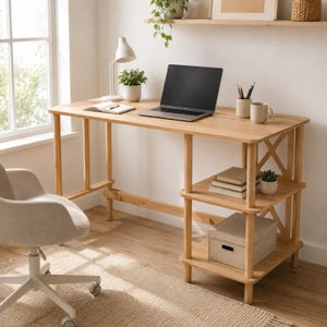 May include: A light wood desk with a rectangular top and three integrated side shelves. The desk features a white desk lamp, an open laptop, a notebook, a pen holder, and a mug. A light grey office chair with wheels is positioned in front.