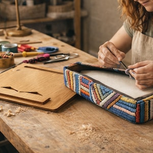 Puede incluir: Una caja de madera con un dise&ntilde;o tejido colorido en los lados est&aacute; sobre una mesa de madera. Una bandeja de madera a juego est&aacute; al lado de la caja. El artesano est&aacute; trabajando en la caja con herramientas.