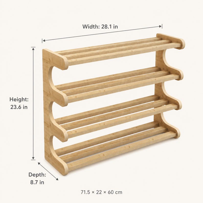May include: A four-tier wooden shoe rack with a light natural finish. The unit features curved side supports and horizontal slats for each shelf. Dimensions are clearly labeled as 28.1 inches wide, 23.6 inches high, and 8.7 inches deep.