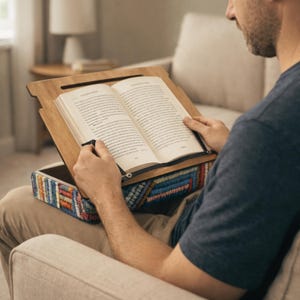 Puede incluir: Un soporte de libro de madera con una almohada incorporada, con una tela estampada colorida. El libro est&aacute; abierto y el lector sostiene las p&aacute;ginas. El soporte est&aacute; dise&ntilde;ado para una lectura c&oacute;moda.