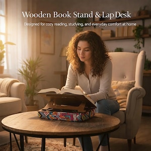 Op de afbeelding: Houten boekenstandaard en laptoptafel met een kleurrijk patroon. De houten standaard houdt een open boek vast. De tekst luidt: "Ontworpen voor gezellig lezen, studeren en dagelijks comfort thuis."