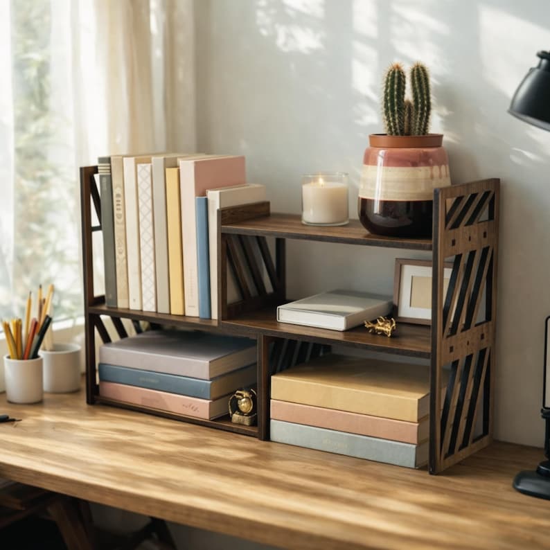 May include: A dark wood desktop bookshelf with two tiers and diagonal side slats. The shelves hold various books in pastel and neutral covers, a small potted cactus in a two-tone ceramic pot, a white candle in a glass jar, and a small picture frame.