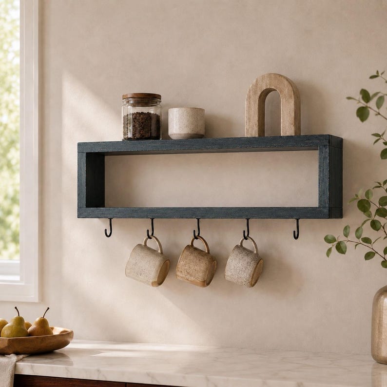 May include: A rectangular dark blue wooden wall shelf featuring five black metal hooks along the bottom edge. Three speckled ceramic mugs hang from the hooks, while a glass jar with dark contents, a small ceramic bowl, and a wooden arch sit on top.