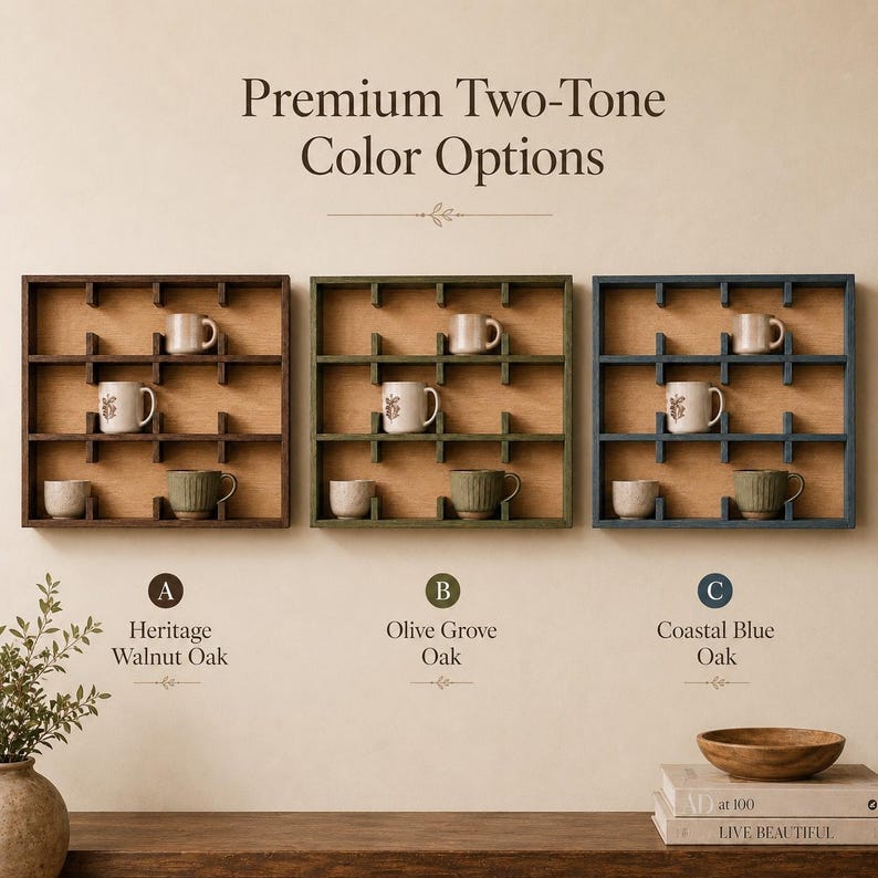 May include: Three square wooden wall shelves with grid compartments, each displaying mugs. The shelves are labeled A Heritage Walnut Oak, B Olive Grove Oak, and C Coastal Blue Oak. The text Premium Two-Tone Color Options appears above.