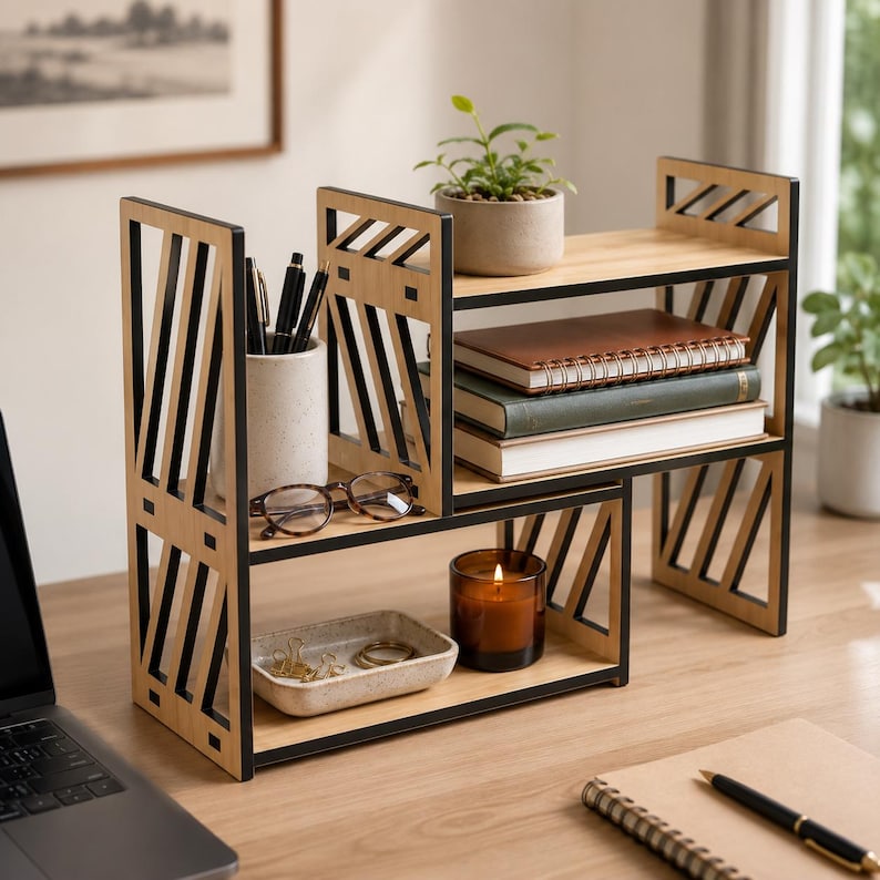 May include: A tiered wooden desk organiser with a light wood finish and black geometric side panels. The unit features two levels holding a ceramic pen holder with pens, spectacles, a small tray with metal clips, a candle, and three stacked notebooks.