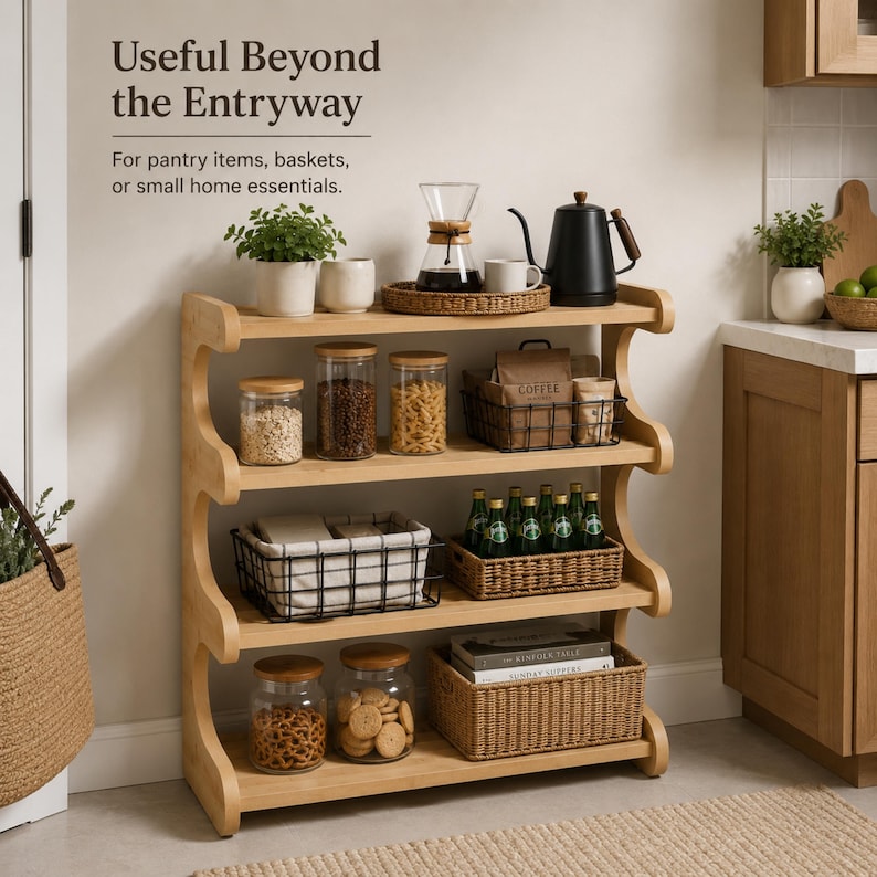 May include: A four-tier light wood shelving unit with curved side supports. The shelves hold glass jars with wooden lids, a glass coffee carafe, a black kettle, wire baskets, woven baskets, green glass bottles, and books. Text reads: Useful Beyond the Entryway.
