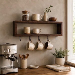 May include: A dark brown wooden wall shelf with five black metal hooks underneath. The shelf holds a glass jar with coffee beans, two speckled mugs, a small vase with a green sprig, and a wooden bowl. Three additional speckled mugs hang from the hooks.