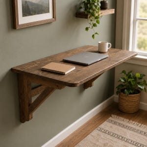 Könnte beinhalten: Ein wandmontierter Schreibtisch aus Holz mit dunkelbraunem Finish, der von zwei abgewinkelten Holzhalterungen getragen wird. Die rechteckige Oberfläche trägt einen geschlossenen silbernen Laptop und ein kleines beiges Notizbuch.