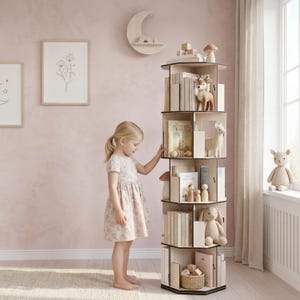 May include: A light wood, multi-tiered, rotating bookshelf filled with books and decorative items. The bookshelf is hexagonal and has a black trim. A young girl in a floral dress stands next to the bookshelf. The background is a pink wall.