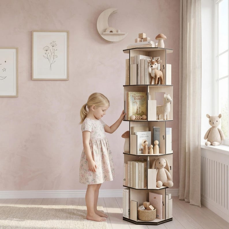 May include: A light wood, multi-tiered, rotating bookshelf filled with books and decorative items. The bookshelf is hexagonal and has a black trim. A young girl in a floral dress stands next to the bookshelf. The background is a pink wall.