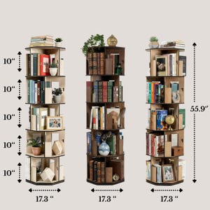 May include: Three rotating bookshelves, each with five tiers, filled with books, plants, and decorative items. The shelves are 17.3 inches wide and 55.9 inches tall. Each shelf section is 10 inches high. The shelves are made of wood.