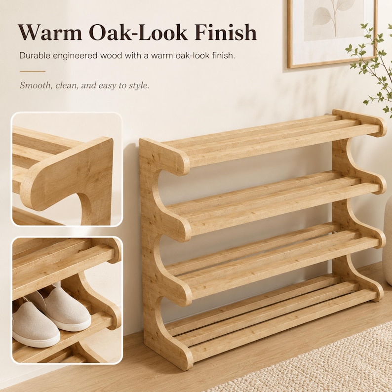 May include: A four-tier shoe rack with a warm oak-look finish, constructed from engineered wood. The unit features curved side panels and horizontal slats for shelving. Text on the image reads: Warm Oak-Look Finish, Durable engineered wood.