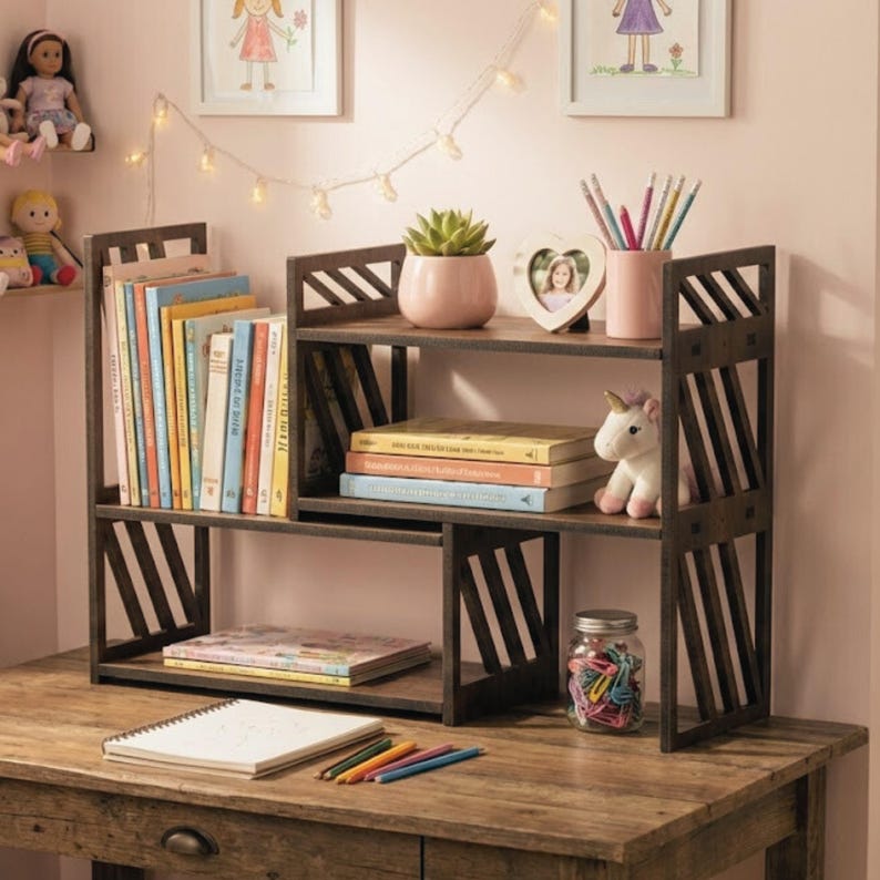May include: A dark brown wooden desktop bookshelf with an adjustable, expandable design. It features multiple shelves holding various books, a small potted succulent, a heart-shaped picture frame, a pencil holder, and a small plush unicorn toy.