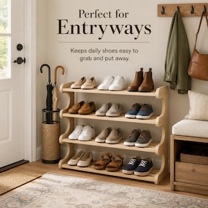 May include: A four-tier light wood shoe rack with curved side supports, holding various styles of footwear including loafers, sneakers, boots, and sandals. The text above reads: Perfect for Entryways. Keeps daily shoes easy to grab and put away.