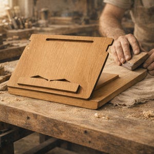 Puede incluir: Un atril de madera de color marr&oacute;n claro con un dise&ntilde;o inclinado y un estante inferior. El atril es rectangular. Una persona est&aacute; lijando el atril con un bloque de lijado. El atril est&aacute; sobre una mesa de madera.