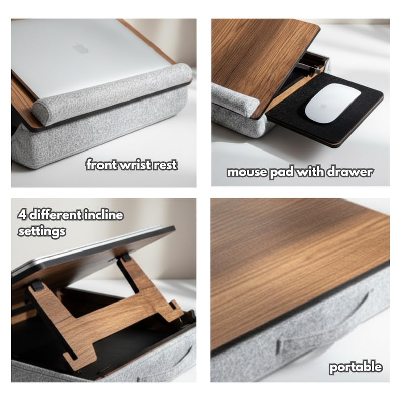 Op de afbeelding: Een grijze laptoptafel met een houten oppervlak en een polssteun aan de voorkant. Kenmerken zijn een muismat met lade, vier hellingsinstellingen en een draagbaar ontwerp. De tafel is ontworpen voor een laptop.