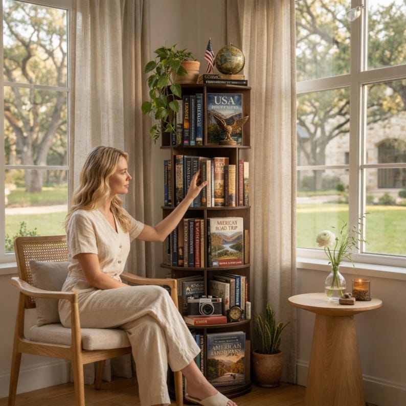 May include: A dark brown, multi-tiered, corner bookshelf filled with books. The bookshelf has a curved design and is placed near a window. A small American flag and a globe sit on top. A person is sitting in a chair near the bookshelf.