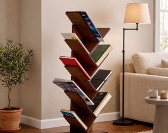 Wooden Tree Bookcase, Floor Standing Tree Bookshelf, Desktop Book Organizer, Small Space Saving Book Storage, Nursery Kids Room Decor, Gift