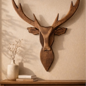 Wooden Deer Head Wall Art, Faux Deer Head Decor, Rustic Cabin Wall Hanging