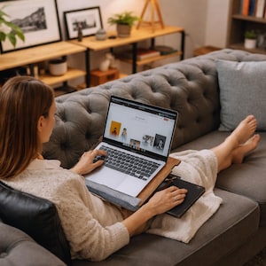 Op de afbeelding: Een persoon gebruikt een laptop op een grijze, gecapitonneerde bank. De laptop staat op een houten en vilten schoottafel, met een zwart notitieboekje ernaast. Het scherm toont een website met verschillende afbeeldingen.