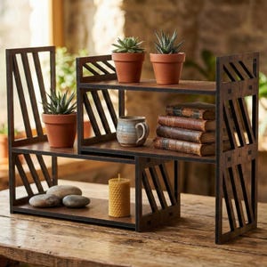 May include: A dark brown wooden shelf unit with multiple levels. The shelves hold potted succulents, a stack of books, a mug, a candle, and decorative stones. The unit has a geometric design with angled supports and is placed on a wooden table.