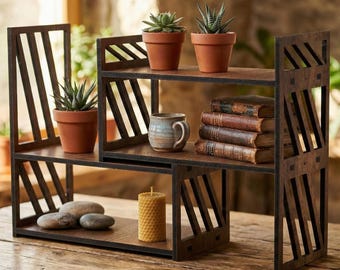 Adjustable Wood Desk Organizer Shelf, Desktop Bookshelf for Office Storage Hutch, Tabletop Book Rack, Countertop Organizer Dorm Desk Hutch