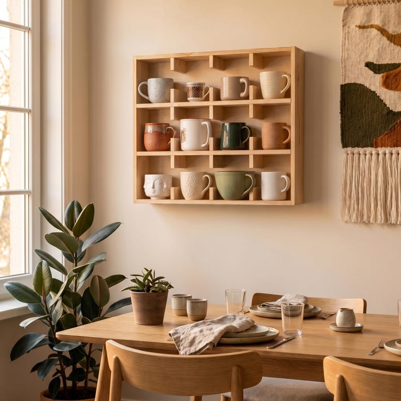 May include: A square light-colored wooden wall shelf with twelve individual compartments, each holding a ceramic mug of varying colors, textures, and shapes. The shelf is mounted on a plain wall above a wooden dining table with place settings.