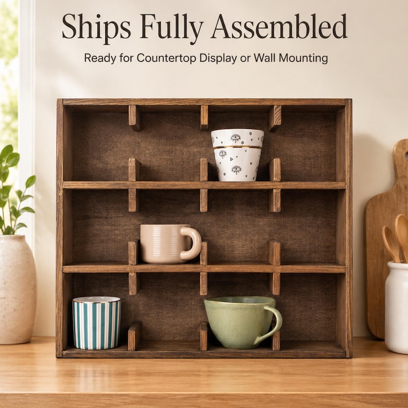 May include: A dark brown wooden display shelf with twelve square compartments. The text "Ships Fully Assembled" and "Ready for Countertop Display or Wall Mounting" appears above the shelf. Four mugs are placed inside the wooden cubbies.