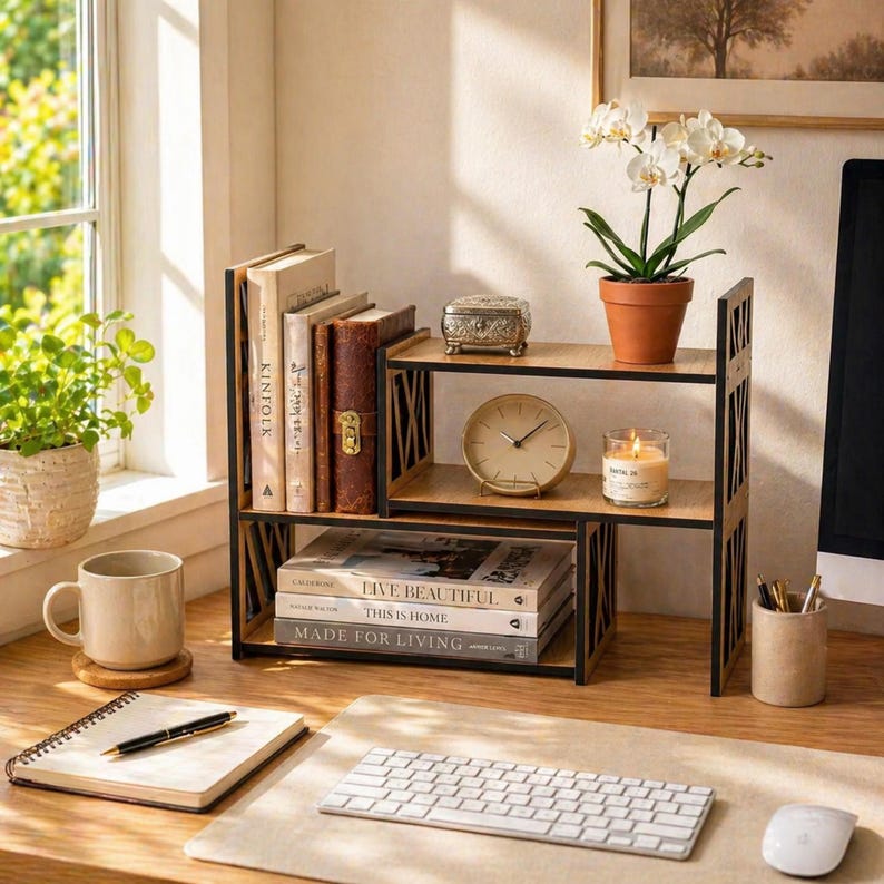 May include: A tiered wooden desktop bookshelf with black metal side frames featuring an X-pattern. The shelf holds books titled KINFOLK, LIVE BEAUTIFUL, THIS IS HOME, and MADE FOR LIVING, alongside a small decorative box, a clock, and a candle.